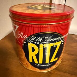 Ritz 50th Anniversary Red and Blue Cracker Tin-Empty